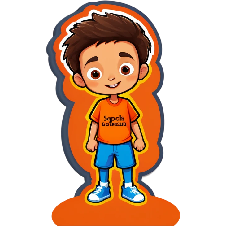 Boy in orange shirt funny with Spanish words emoji