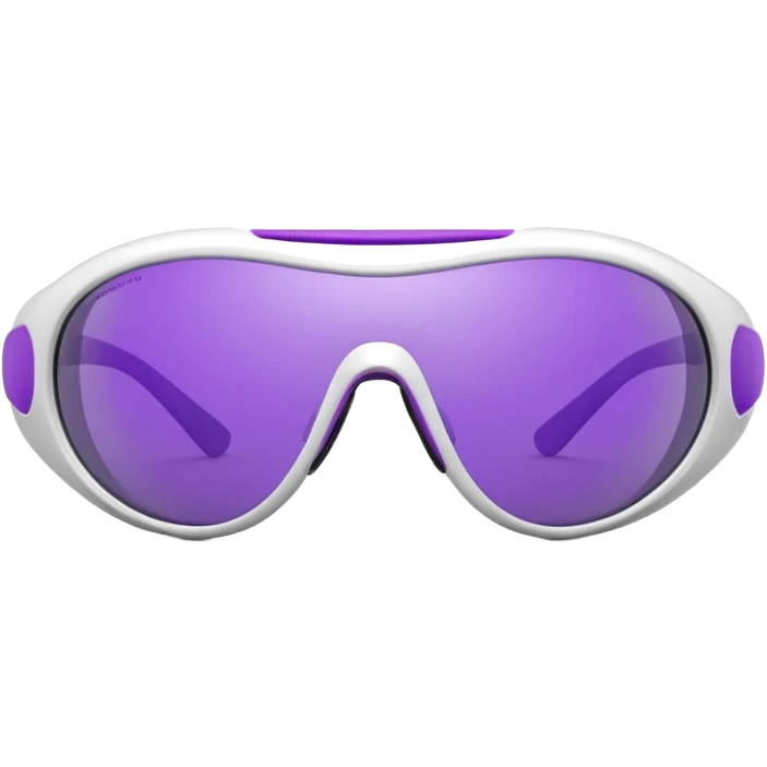 3D render of futuristic sports sunglasses, oval purple tinted lenses, white glossy frame, large gray ventilated nose guard, detailed reflections, realistic materials, high detail, isolated on transparent background, 4K resolution emoji
