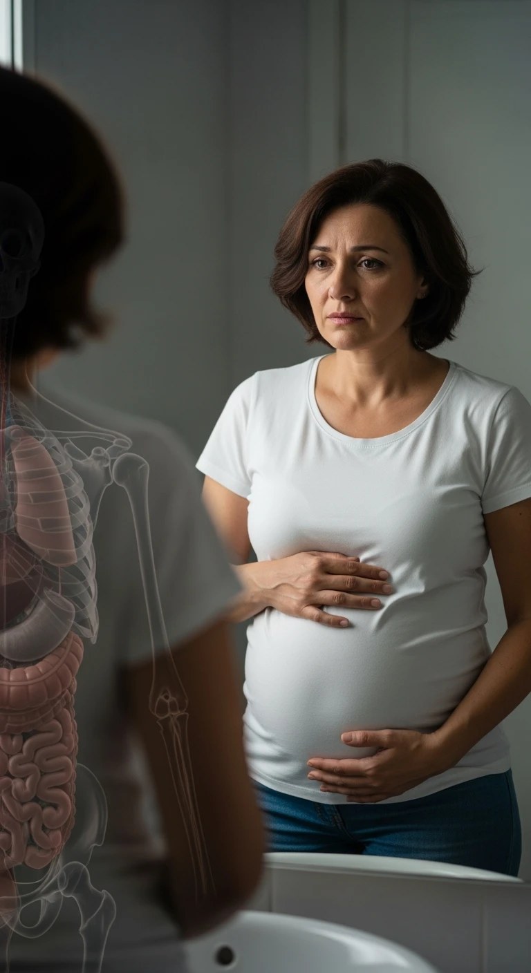 donna che si guarda allo specchio tenendosi la mano sulla pancia gonfia con espressione triste in volto, intestino umano anatomico in evidenza emoji
