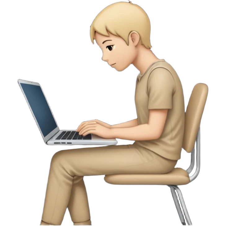 Minimalistic flat vector icon, iOS style, thin black contour on white background. Person silhouette sitting with a laptop, code brackets <> on the screen. Clean, no te emoji