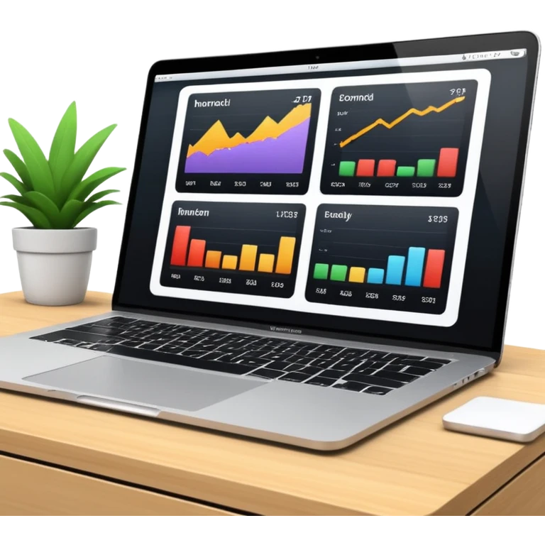 Create a macbook displaying financial charts and black analytics dashboards on the screen. emoji