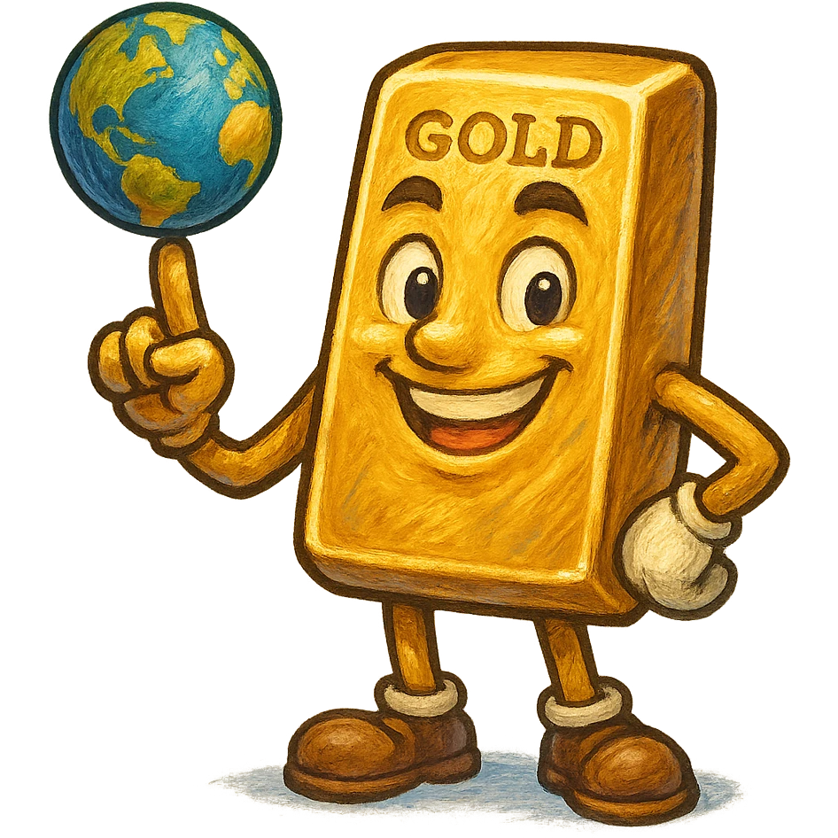В cлегка рисованной, но при этом объемной и яркой стилистике сгенерируй картинку где слиток золото с руками и ногами стоит и смотрит на зрителя улыбается, в одной руке он на указательном пальце держит вертящуюся землю, как баскетбольный мяч, прозрачный фон emoji