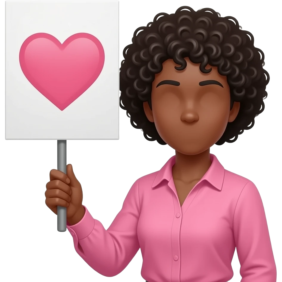 Mujer morena con blusa rosada y un cartel que tenga un corazon sin cara emoji