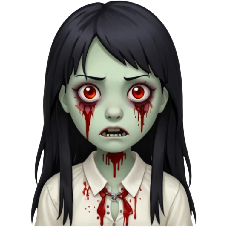 🧟‍♀️ faça igual esse emoji que coloquei só que com franja e piercing dos dois lado do nariz e no septo faça com cabelo longo preto e com a cara mais assustadora mais assustadora sem metade da bochecha cabelo mais longo e coloque com uma blusa branca  emoji