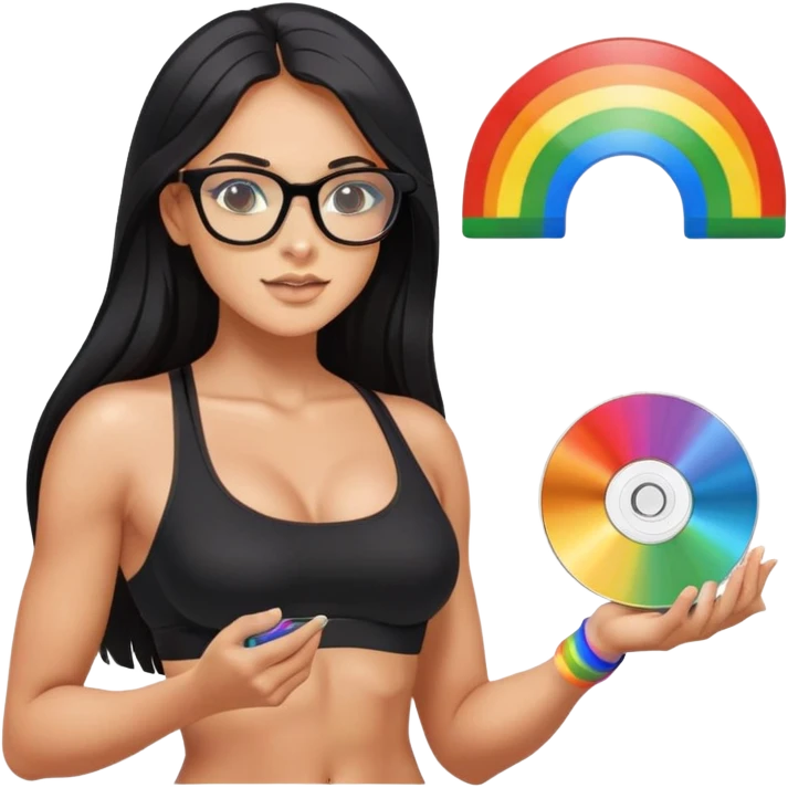 wearing glasses, long black hair tanned woman, black sports bra, sexy, hot, data analysis, holding a rainbow cd   emoji