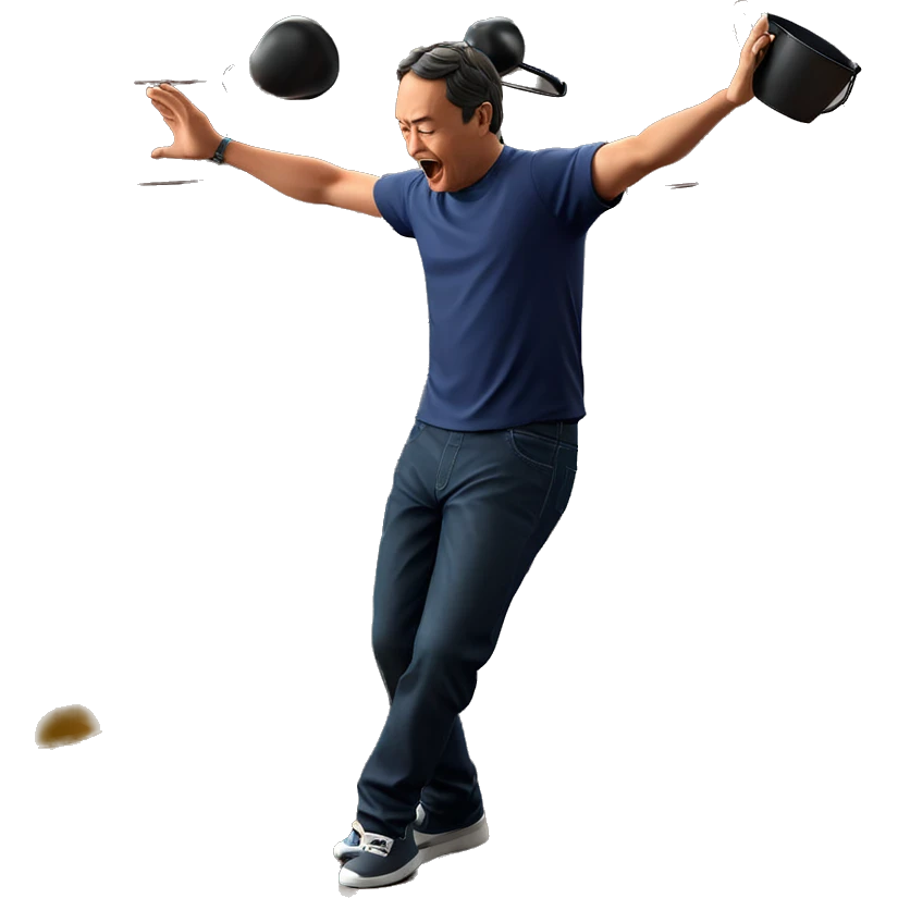 balancing act indoors with bucket emoji