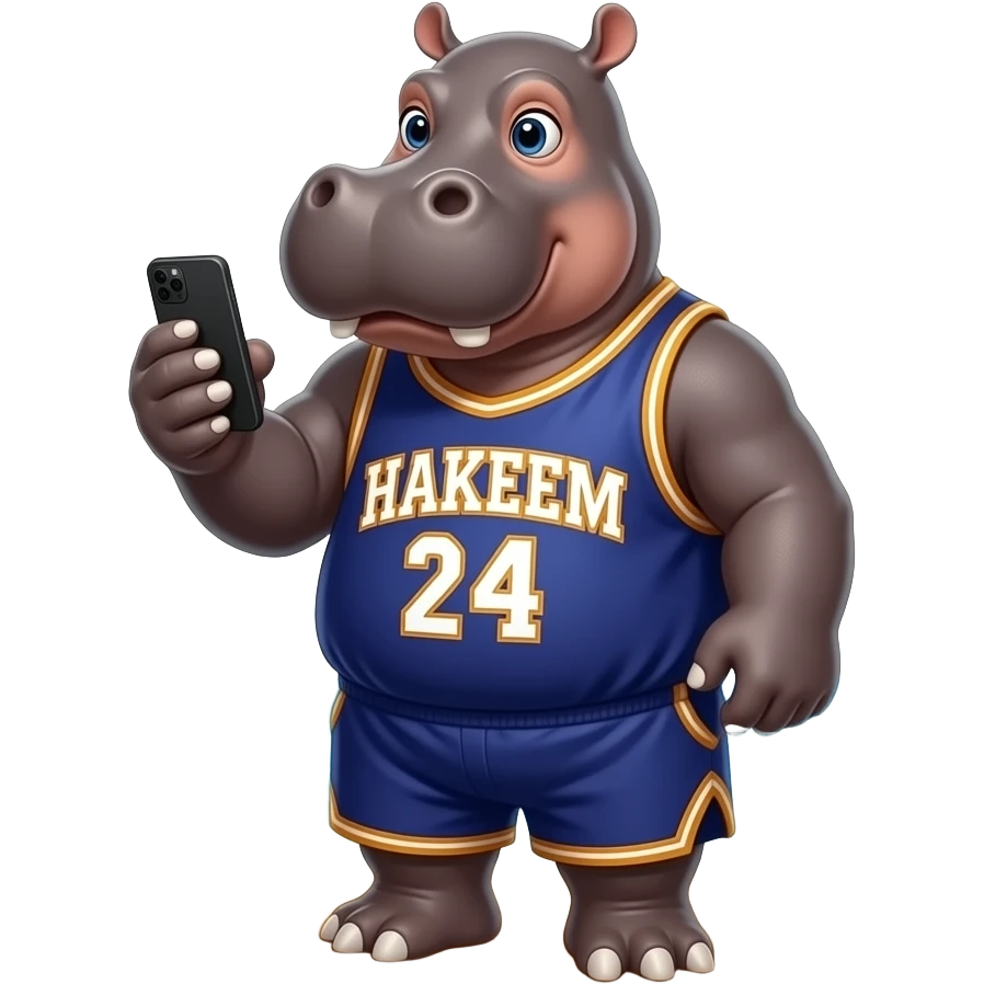 hippopotamus wearing hakeem jersey playing cellphone in beach emoji