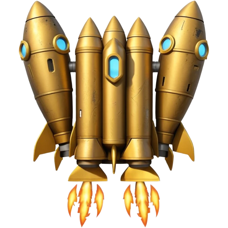 gold ancient wide jetpack with rocket projectiles on both sides, back view, no fire, with worn and weathered look emoji