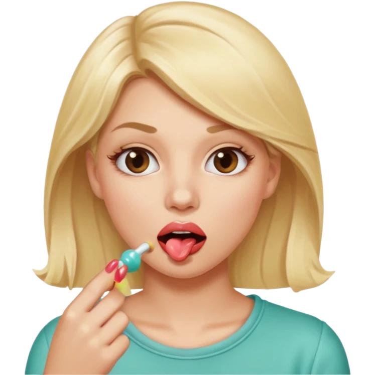 Elle fais une peu petasse, elle se mord le coin de la lèvres. Elle est blonde. Ongles vernis marrons. Elle mâche un chewing-gum  emoji