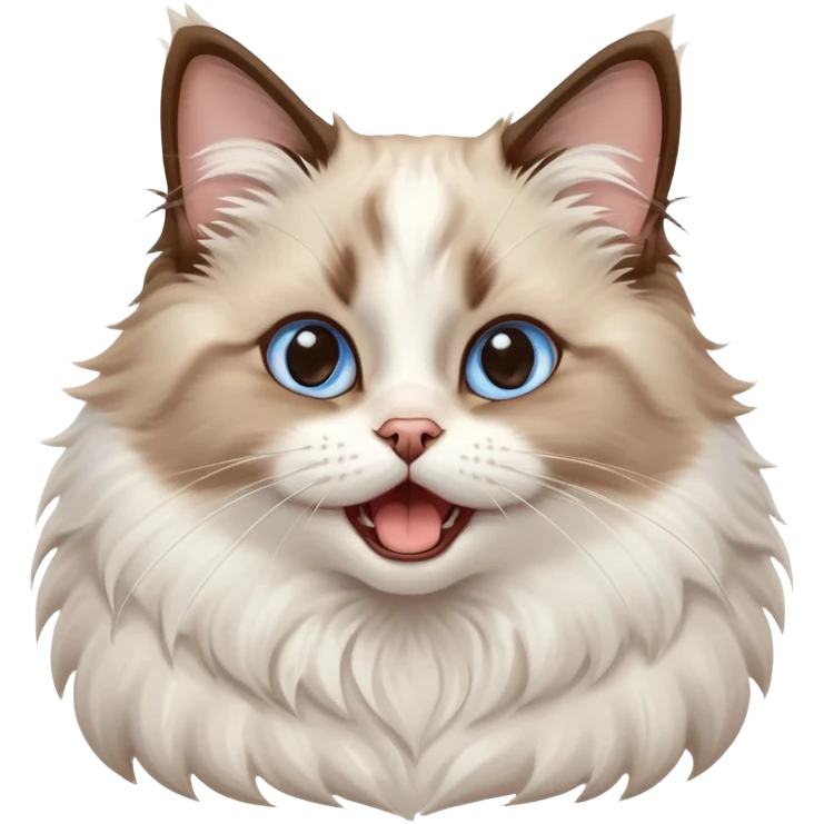 cinematic-adorable-big-eyed-fluffy-brown and white ragdoll-cat-portrait-emoji,-head-tilted-playfully-with-a-cute,-yawn,-soft-brown-and white-colored-fur-with-darker-points-on-the-ears,-simplified-yet-irresistibly-cute-features, sparkling blue eyes emoji