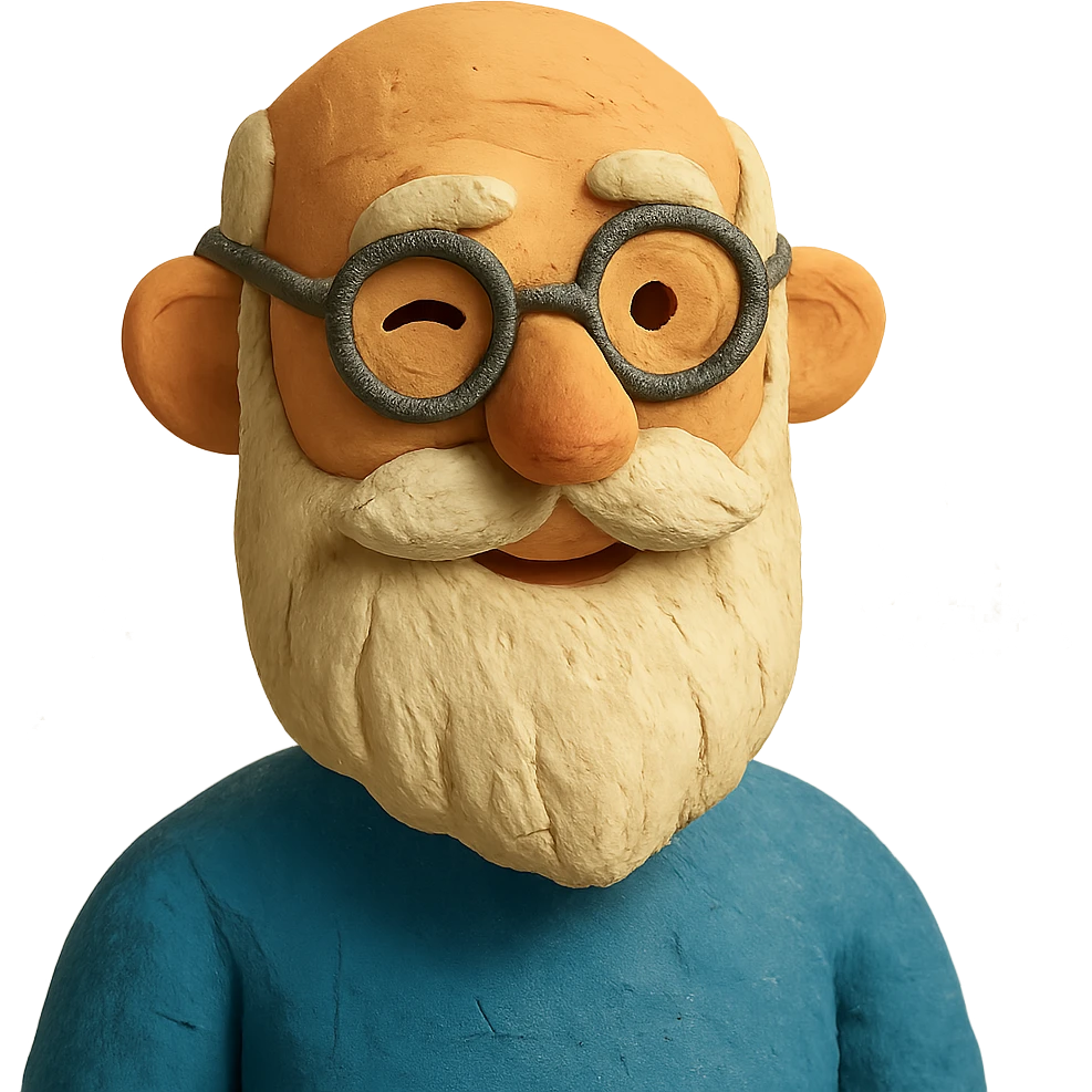 claymation style of a bald man with spectacles, long white beard, winking emoji
