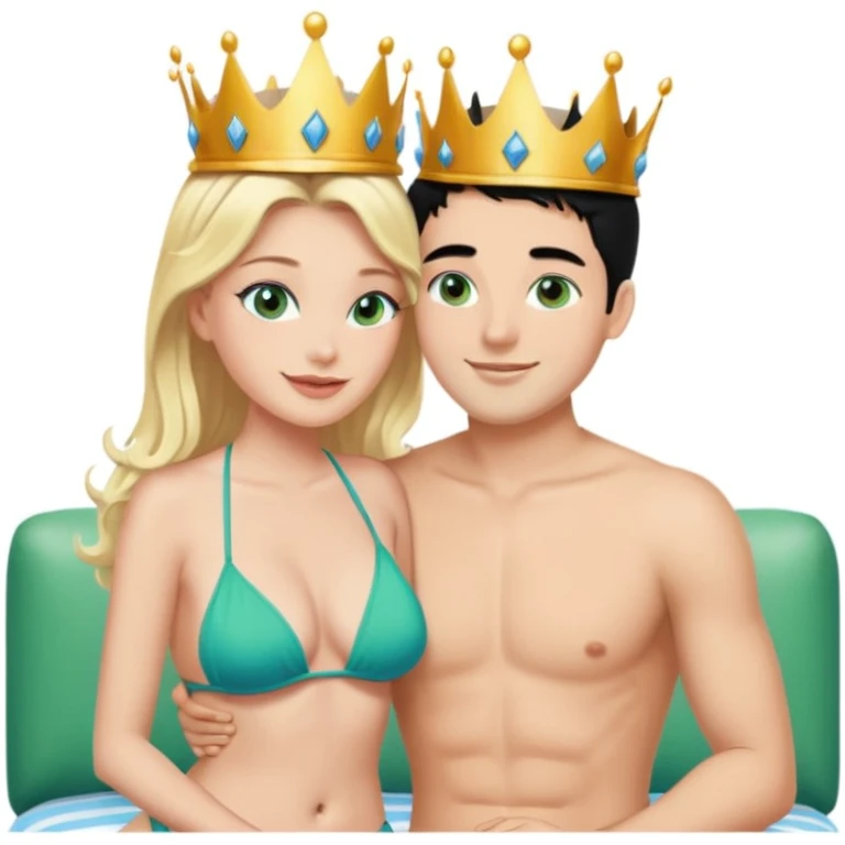 Blonde Queen with crown Green eyes in Bikini kissing Male subject without crown black hair blue eyes Background living room  emoji