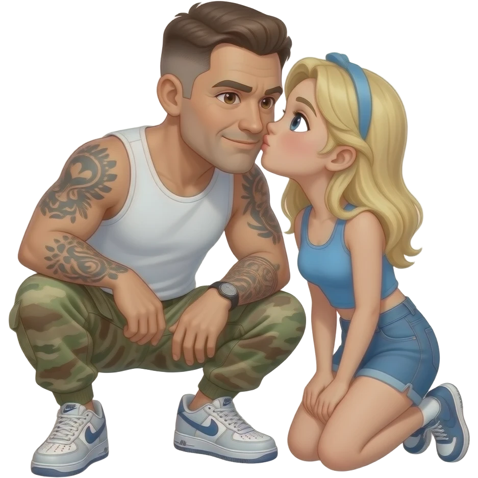 older white man with brown hair and eyes short hair wearing cargo army print pants nike air force shoes and white tank top with tattoos on his arm. Now, can you add a younger blonde hair blue eye girl with blue crop top and matching shorts kissing him on cheeks he grabs his crouch emoji