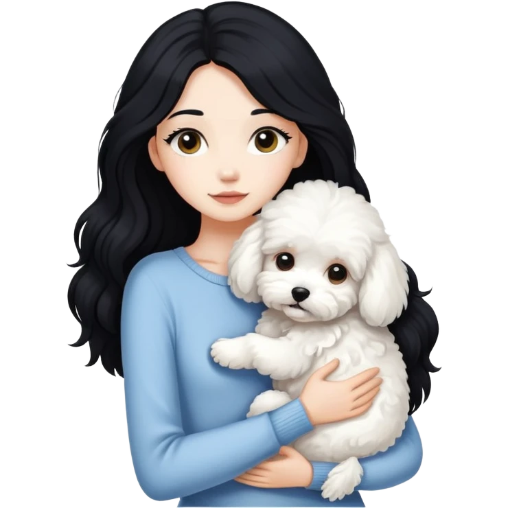 Beautiful skinny woman long black hair hug maltipoo emoji