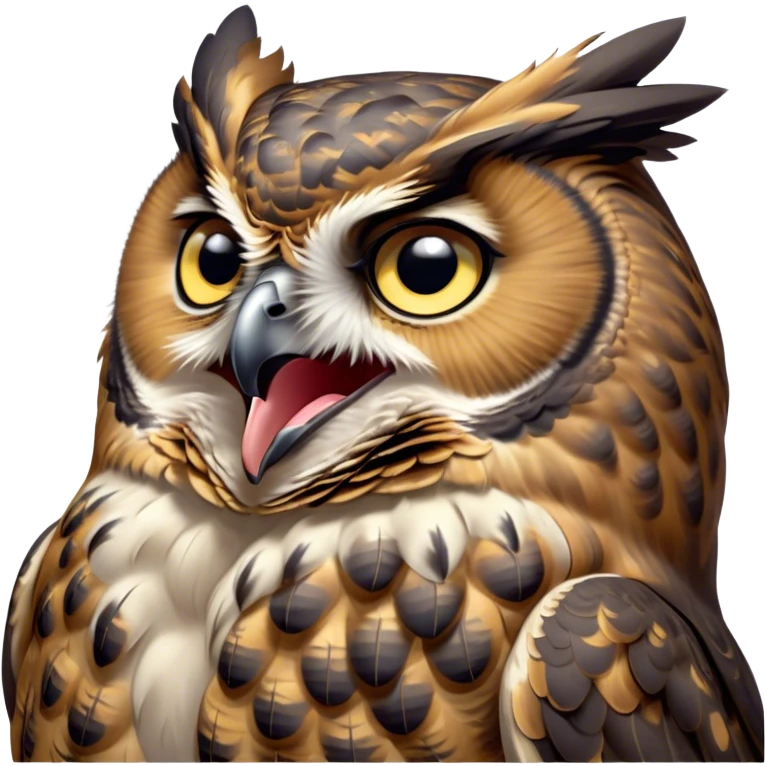 Cinematic Cute Yawning Great Horned Owl Portrait Emoji, Head tilted slightly with a dramatic, wide-open yawn, showcasing a soft, downy mottled plumage with gently drooping feathers, round golden eyes barely open in drowsy contentment, Simplified yet irresistibly adorable features, highly detailed, glowing with a soft, cozy glow, high shine, relaxed yet expressive, stylized with a touch of nocturnal whimsy, bright and endearing, soft glowing outline, capturing the essence of a sleepy yet affectionate owl, so drowsy it feels like it could glide out of the screen and curl up for a nap! emoji