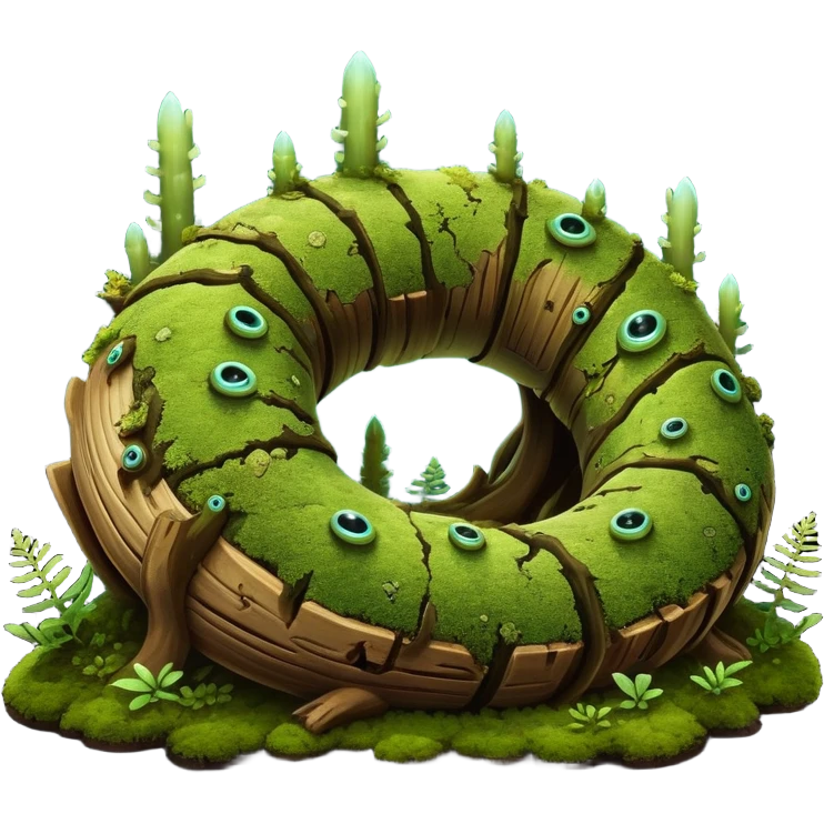 A serpentine creature with a segmented body resembling moss-covered logs, many eyes, featuring bioluminescent fungi growing along its spine that pulse hypnotically when it hunts at night.

 emoji