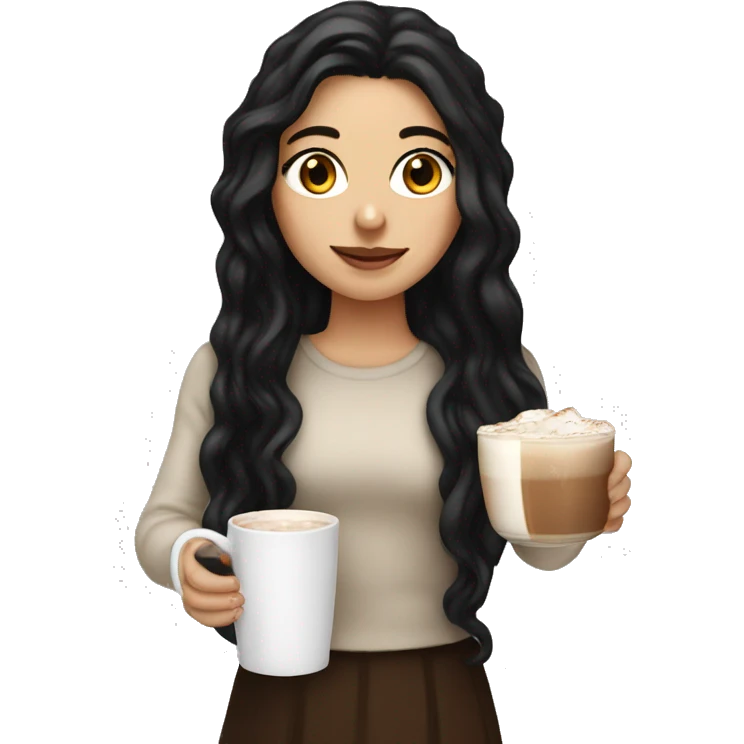 white girl with black long hair and a hot chocolate emoji