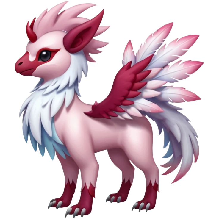 Floral feathery pastel pink and ruby-adorned Absol-Amaura-fusion-Fakemon-animal-creature  emoji
