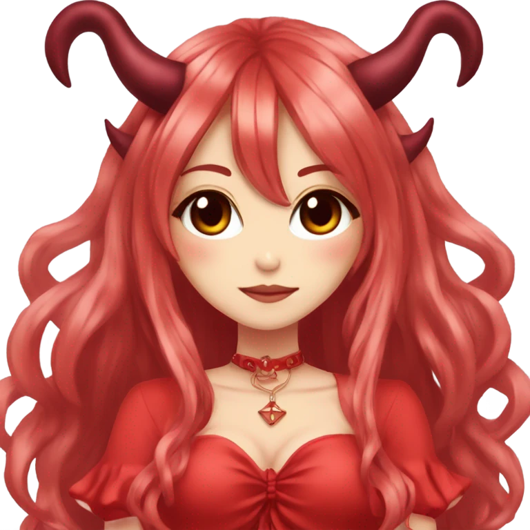 hime gyaru girl, devil horns, red long hair, red dress emoji