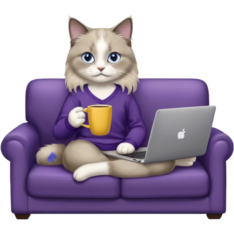 a cute blue eyed brown and white ragdoll cat with white paws and brown and beige tail wearing the dark violet sweater with yellow letteting "Milena" sitting on the grey sofa with grey laptop Lenovo and drinking coffee emoji