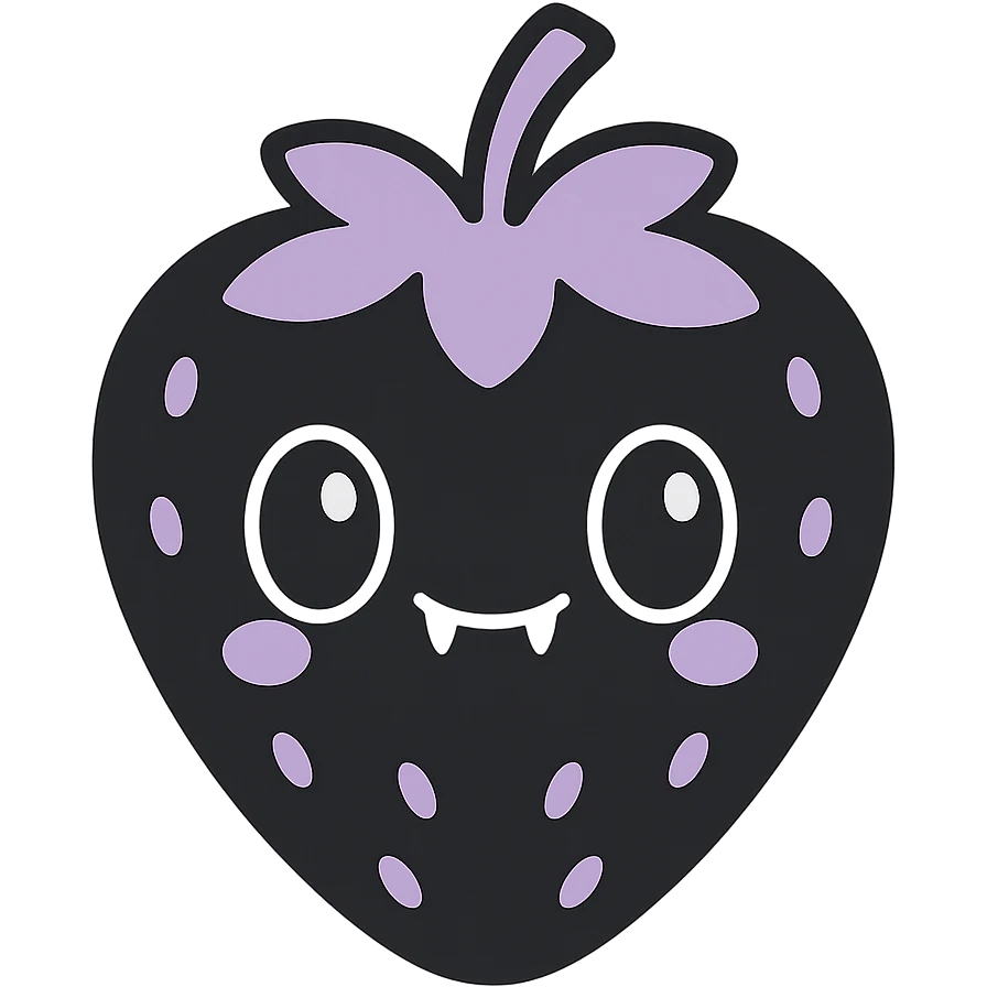 kawaii style gothic strawberry, happy face, black and purple colors, sparkling eyes, tiny fangs, adorable and spooky emoji