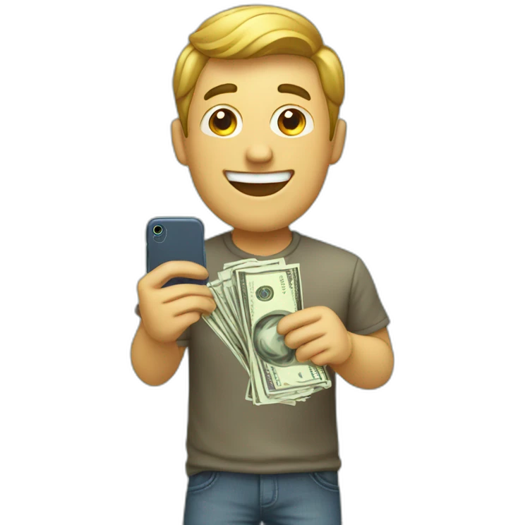 Happy man with IPhone and money emoji