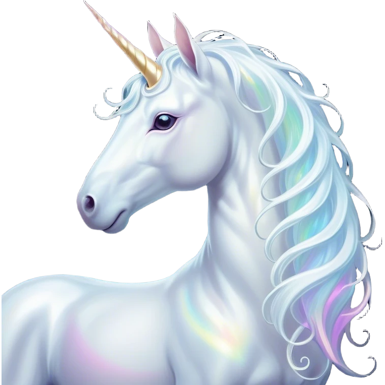Cinematic Noble White Unicorn Portrait Emoji, Poised and regal, with a slender, ethereal form draped in a pristine white color, a flowing mane and tail, and a glistening, spiraled horn that radiates pure light, Simplified yet sharp and sophisticated features, highly detailed, glowing with a soft, iridescent luminescence, high shine, intelligent and transcendent, stylized with an air of mythical enchantment, focused and serene, soft glowing outline, capturing the essence of a watchful and confident white unicorn that appears ready to prance out of the screen with magical grace! emoji
