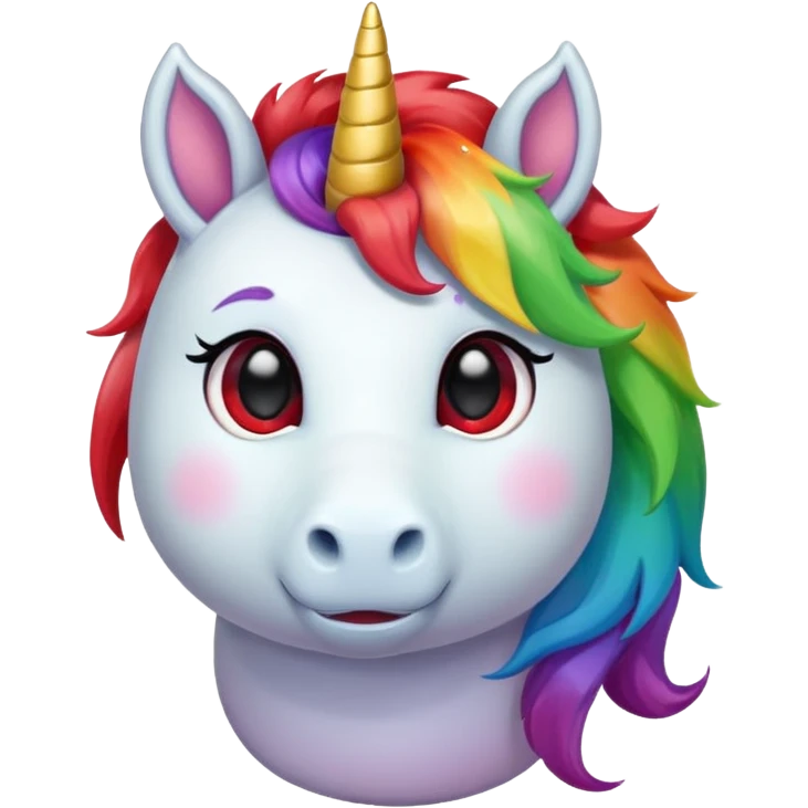 Small chubby unicorn in colour jade, black and red eyes, faring rainbow emoji