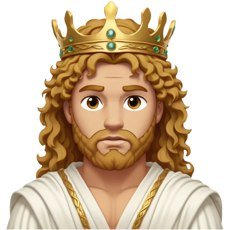 Cinematic Realistic Hercules Portrait, depicted as a classical Greek hero merging the fierce masculinity of the lion-wrestling Hercules with the refined face of Michelangelo's David. His light tan, chiseled skin glows with timeless strength, and his thick, curly, golden brown hair cascades in natural, sculpted curls reminiscent of a warrior’s mane. Draped in a flowing white robe with delicate golden accents and crowned with a traditional Greek laurel wreath, his intense, determined eyes exude noble might, all rendered under dynamic natural lighting with a mythic, radiant glow. emoji