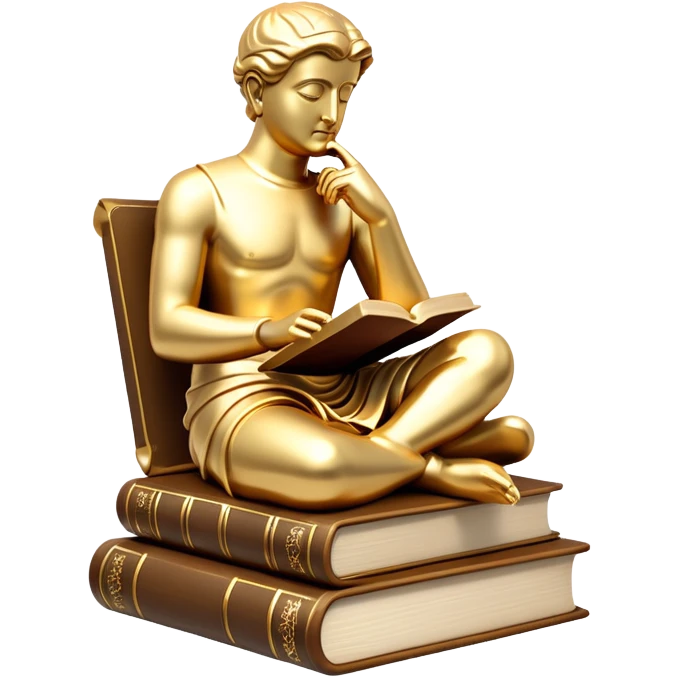 An icon featuring a Thinker statue, a scroll, symbolizing philosophy. The design includes books and abstract symbols representing deep thought and wisdom. Transparent background highlights the study of ideas, logic, and existential questions emoji