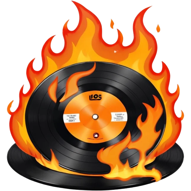 a black vinyl record on fire with a white center sticker emoji