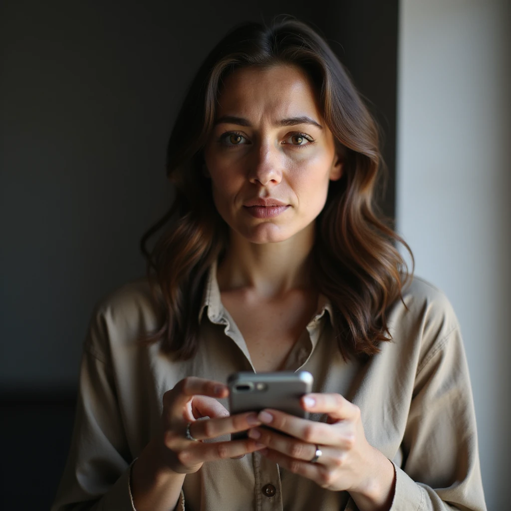 adult woman, photorealistic, looking at phone with calorie app showing message 'Nessun progresso', frustrated expression, natural light, home background emoji