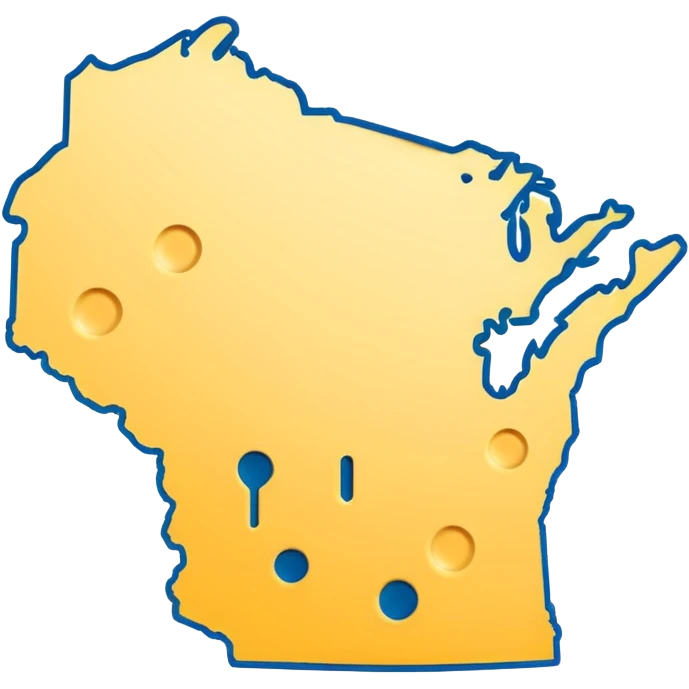 emoji combining Wisconsin state outline, cheese, lakes, with a cheerful, energetic expression, vibrant and friendly style emoji