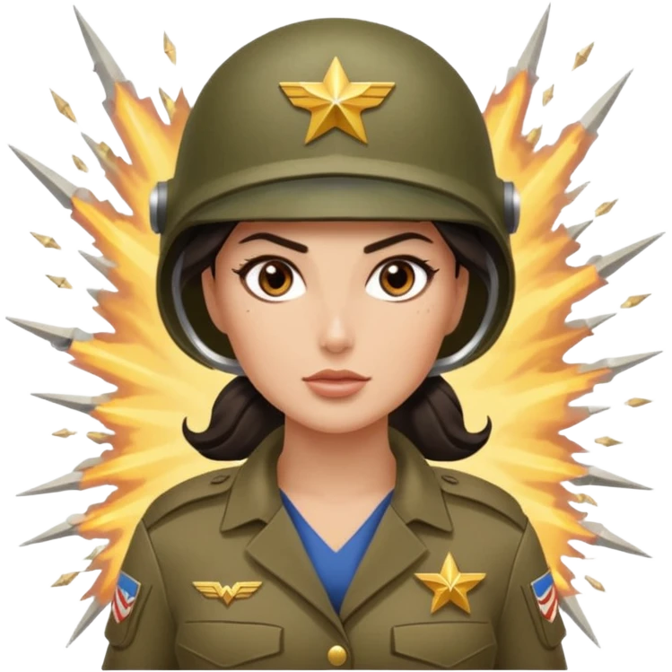 Female full confidence battle ready but pretty ground soldier heroically saving lives accompanied by Wonder Woman technology , with shelling happening all around emoji