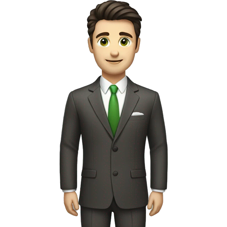 man with the following characteristics: Short, dark brown hair with a minimal quiff, green eyes, Friendly and approachable expression. He dress a suit emoji