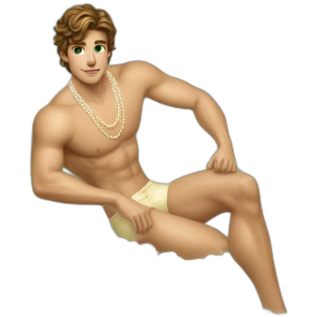 Posh-muscle-boy-brown-hair-green-eyes-pearl-necklace-in-golden-bathtub-legs emoji