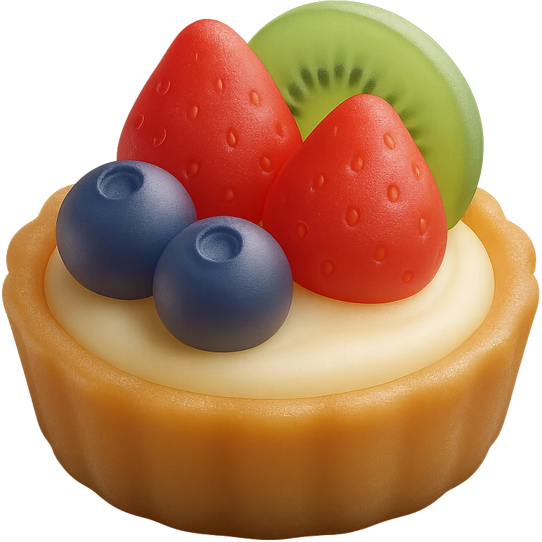 3D matte fruit tart with golden crust, creamy custard, topped with fresh strawberries, blueberries, and kiwi slices, soft matte finish emoji