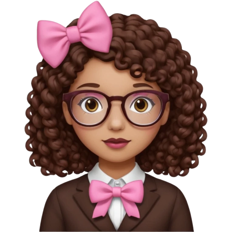 medium-lightskin girl with medium length chocolate brown side part curly hair, pink and white bow on the side, with brown glasses, brown eyes, noes piercing emoji