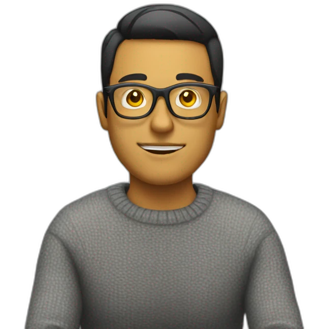 White man with yellow tinted glasses and black hair in a gray jumper and sitting on a chair emoji
