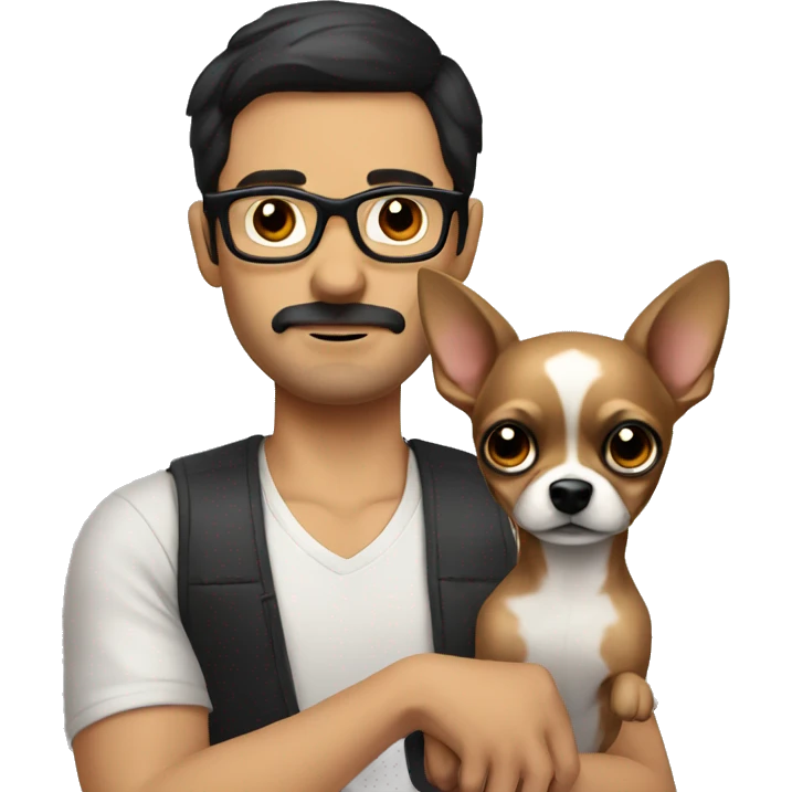 dark hair dark eye man with short mustache wearing glasses holding chihuahua emoji