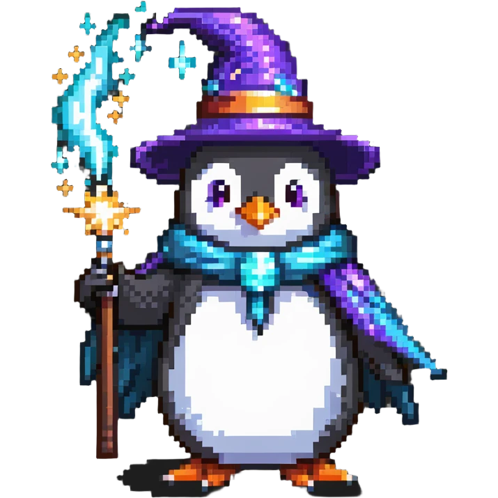 Penguin wizard casting a magic spell, with magical sparkles emoji