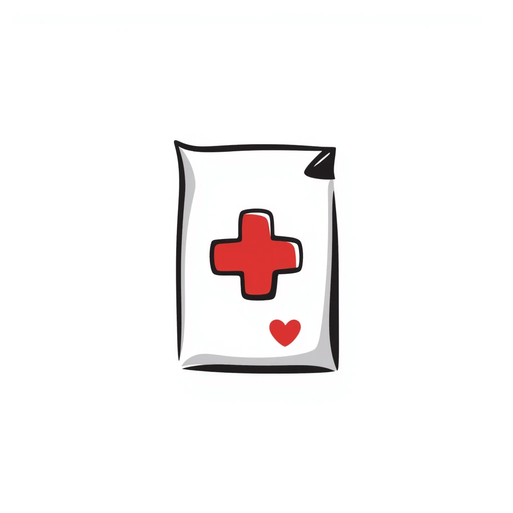 Hand-drawn intimate health clinic packet with red cross and small heart icon, sealed medical packet emoji