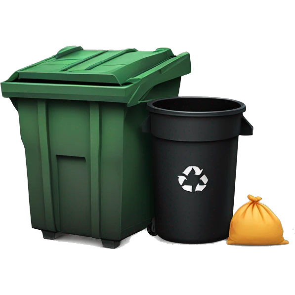 dumpster with black trash bags next to it and trash in it. No smiley emoji