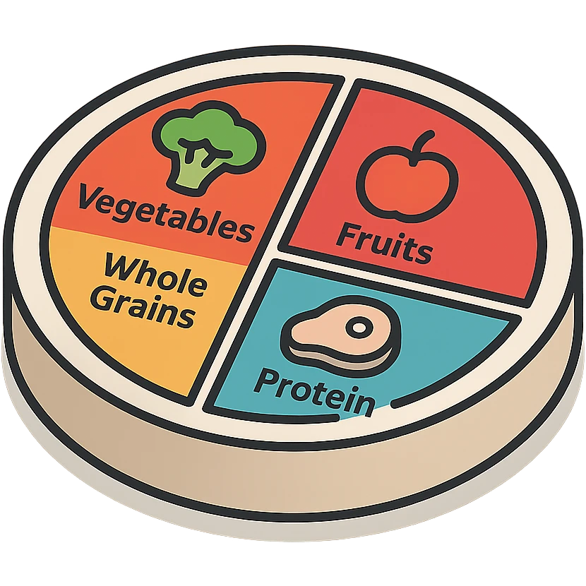 Harvard plate divided into 4 sectors with labels in English: 'Vegetables', 'Fruits', 'Whole Grains', 'Protein'. Plate with shadows and highlights, volumetric, modern infographic, transparent background. emoji