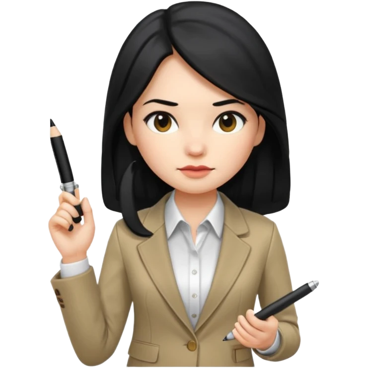 a girl with long black hair, neutral expression, business style clothes (shirt, jacket), with a pen as an accessory, Apple Memoji emoji style emoji