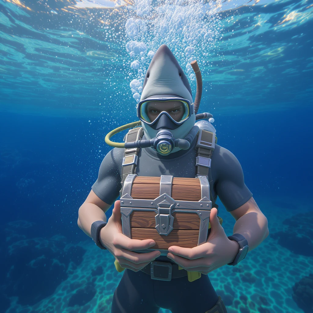 portrait, closeup, 3D, symmetrical, fortnite art style, diver holding chest underwater, happy shark swiming around him, crystal water, sunny day emoji