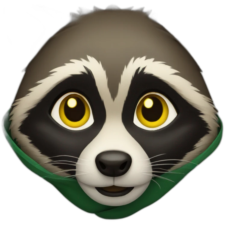 brown raccoon with yellow eyes and a dark green hood emoji