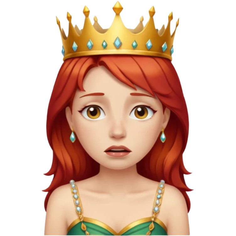 Beautiful lady crying can see shoulders red hair and crown on her head emoji