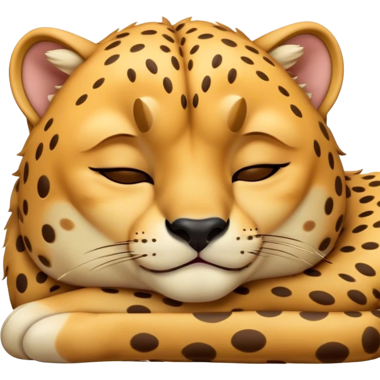 Meme-Worthy Cute Sleeping Cheetah Portrait Emoji, Head resting peacefully with a contented smile, showcasing a lean, muscular build and a luxuriously soft golden spotted Fur, eyes shut in a serene, restful nap, Simplified yet hilariously adorable features, highly detailed, glowing with a soft, drowsy light, high shine, relaxed and utterly lovable, stylized with an air of playful laziness, bright and heartwarming, soft glowing outline, capturing the essence of a comically sleepy cheetah, so meme-worthy it feels like it could instantly become the next viral sensation of adorable slumber! emoji