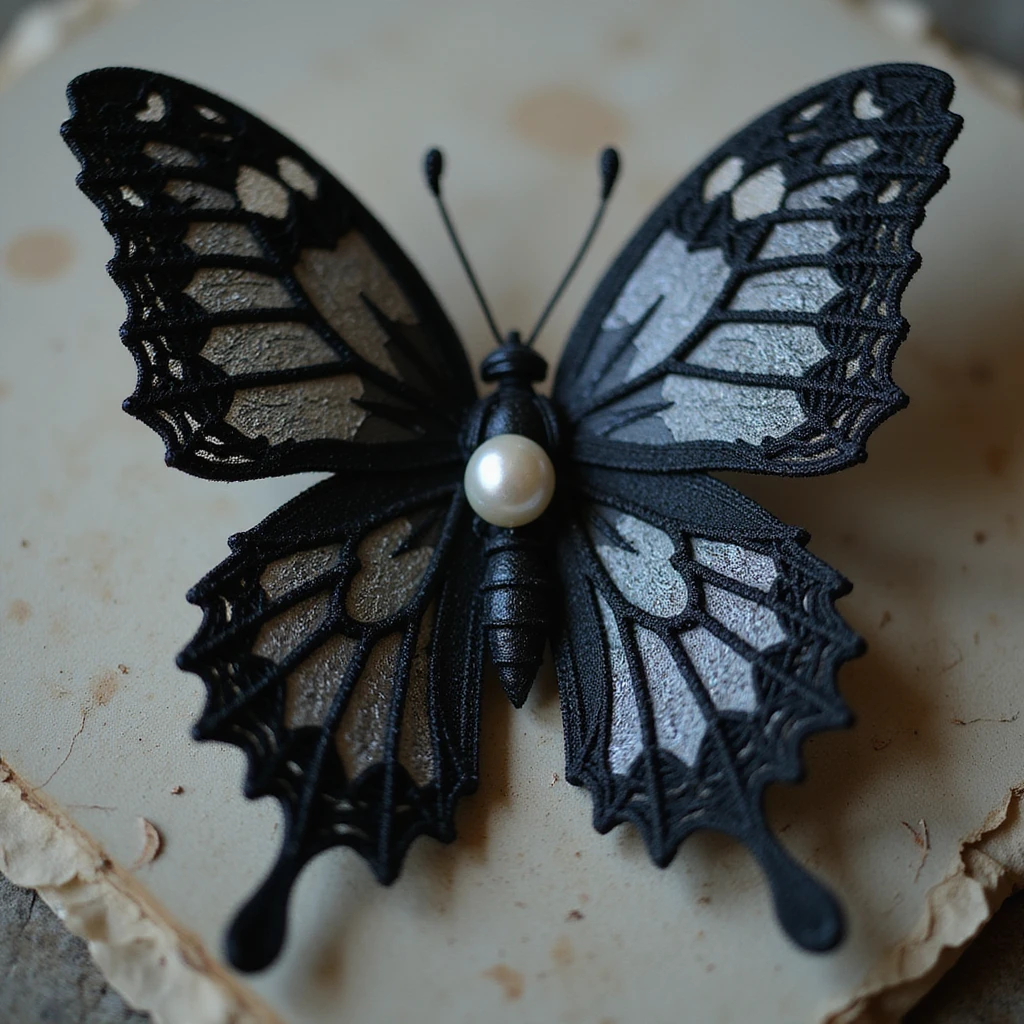 realistic gothic butterfly with lace and pearls, photorealistic style emoji